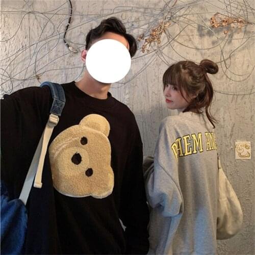2021 Autumn Towel Embroidered Flocking Bear Thin Sweatshirt Womens Long Sleeve Round Neck Loose Hoodie