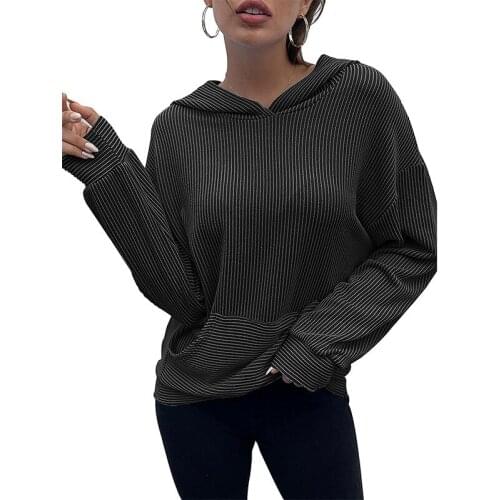 Women’s Casual Solid Color Long Sleeve Ribbed Pullover Hoodie Sweatshirt Tops With Pockets