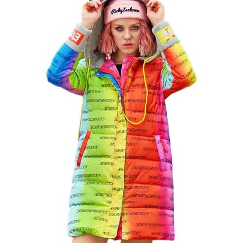 Female Winter New Hooded Down Jacket Fashion Colorful Letter Sequins Print Parka Women Casual Loose Long Coat Zipper Overcoat