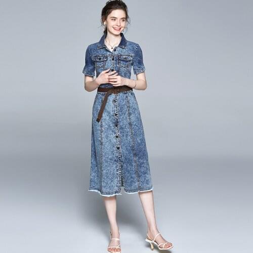 2021 New Women Summer Elegant Denim Dress Short Sleeve Office Chic Femme Vintage Designer Runway Dress Vestidos