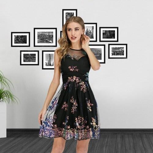 BE HYGGE Dress Sexy High Waist Women Mini Floral Dress Sleeveless A Line Casual Fashion New Summer Spring Bandage Sequined 2020