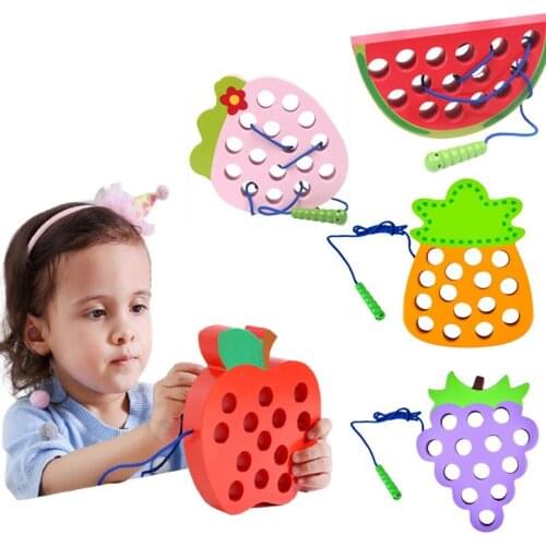 1Set Baby Educational Toys DIY Fruit Stringing Toy Cognize Worm Eat Fruit Wooden Montessori Early Learning Toy For Children Gift