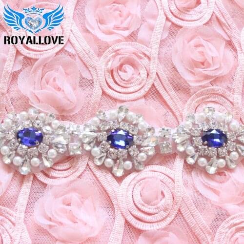 10yards) Wholesale Iron on Sapphire Crystal Beaded Sewing Rhinestone Pearl Bridal Sash Applique Trimmings for Wedding Dresses
