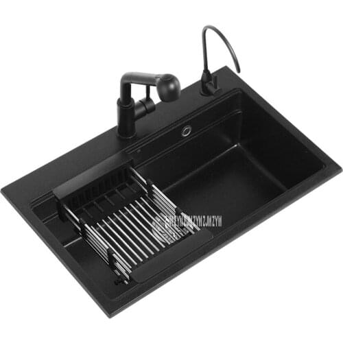 B-888 Household Quartz Sink Frosted Kitchen Single Slot Sink Vegetable Bowl Dish Washing Basin With Drainer Hose Draining Basket