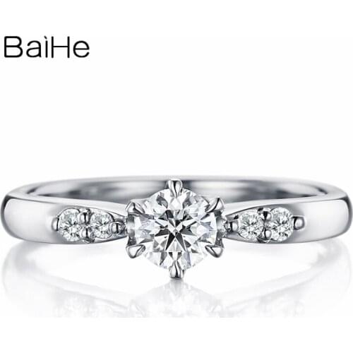 BAIHE Solid 18K White Gold 0.20CT H/SI Round Natural Diamond Ring for Women Wedding Band Fine Jewelry Gift Exquisite Ring