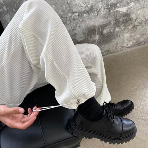 Pleated Straight Pants Mens Fashion Elastic Waist Casual Pants Men Streetwear Loose Ice Silk Trousers Mens Wide Leg Pants S-XL