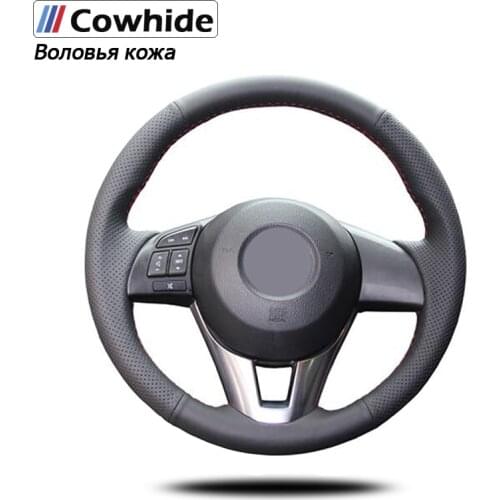 Black Genuine Leather Car Steering Wheel Cover for Mazda CX-5 CX5 Atenza 2014 Mazda 3 CX-3 2016 Scion iA 2016