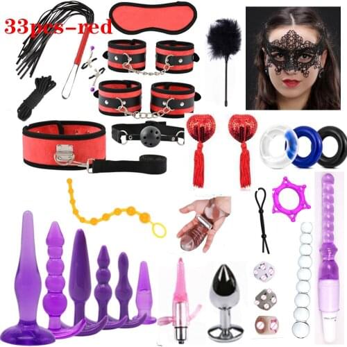 Exotic Accessories Leather Sex Slave Set Handcuffs Sex Game Whip Nipple Clip Bondage Bundled BDSM Set Sex Toys for Women