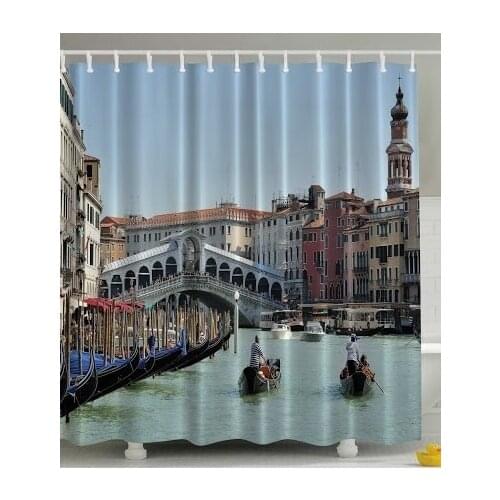 European Cityscape Decor Venetian Gondola Seaside Grand Canal Bridge Romantic from Italy Antique Venice Fabric Shower Curtain