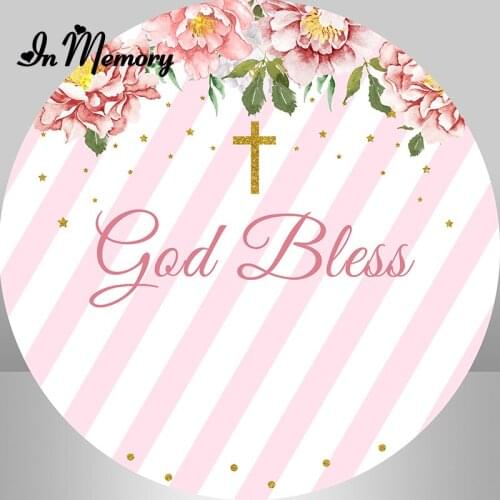 Flower Pink White Striped Gold God Bless Cross Kids Baptism Primera Comunión Round Backdrop Custom Circle Photography Background