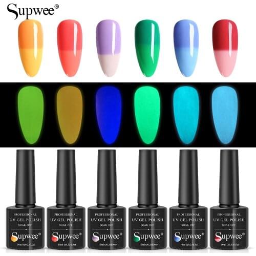 SUPWEE 6pcs Glow In Dark Gel Nail Polish Thermal Color Changing UV Gel Varnish 10ml Semi Permanent For Nail Art Gel Polish Set