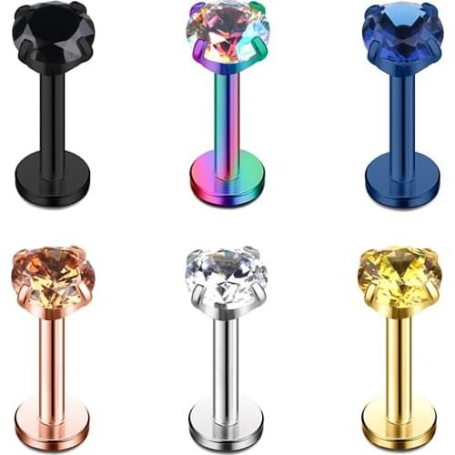 JFORYOU Mix Color CZ Internally Threaded Labret Monroe Lip Ring Tragus Nail Helix Earring Stud Piercing Jewelry 16G 8mm 6PCS