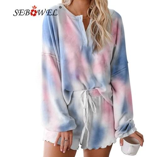 SEBOWEL Casual Summer Woman Loungewear Set Long Sleeve Top + Shorts Two Piece Sets Female 2020 Leopard Pajamas Home Suits