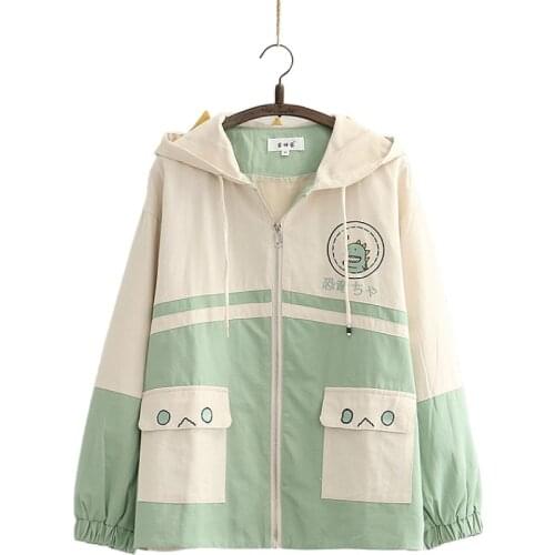 Cartoon Dinosaur Embroidery Hooded Jackets 2020 Autumn Long Sleeve Kawaii Cute Zipper Coats Casual Loose Harakuju Outwears
