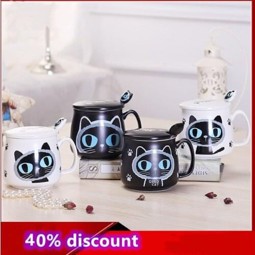 Cartoon Coffee Mug Gift Cup Black and White Cute Cat Mug Couple Ceramic Office Water Cups Send To Friend with Lid Spoon Gift Box