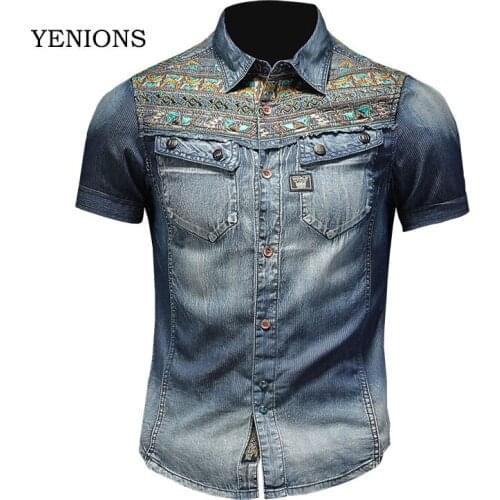 Summer Short Sleeve Men Denim Shirt Jeans 100% Cotton Literary Personality Embroidery Motorcycle Lapel Cowboy Thin Coat