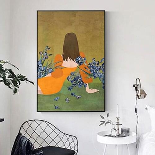 Wall Art Girl with Flowers Posters and Prints Fresh Figure Plant Painting Pictures Wall Art for Living Room Bedroom Home Decor