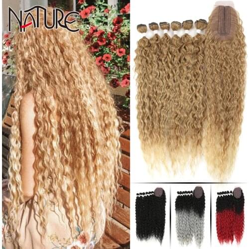 Nature Hair Afro Kinky Curly Hair Bundles Extensions With Closure Ombre Golden 30inch Soft Super Long Hair Synthetic Wave Hair