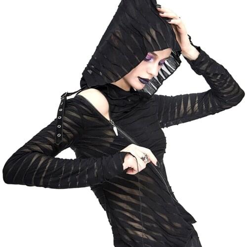 New Gothic lady off-the-shoulder hooded T-shirt fashion personality street punk rock wind see-through feeling top