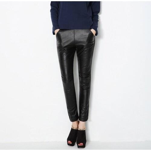 2020 New Brand European Genuine Leather Pants Female Trousers Plus Size Elastic Sheepskin Slim Fit Women Black Casual Long Pants