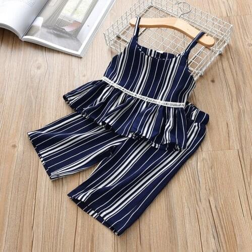 New Summer Baby Girls Clothes Fashion Set Stpried Cold Shoulder Strap Tops + Wide-leg Pants Two-piece Baby Suit Outfits Clothing