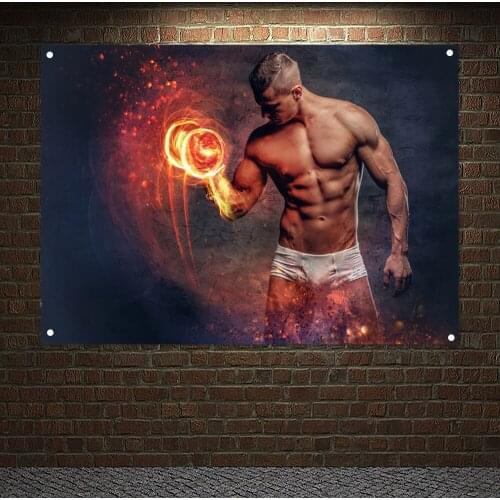 Sexy Shirtless Muscular Male Holds Fire Dumbbell Workout Banner Flag Wall Art Gym Decor Exercise Poster Canvas Painting Tapestry