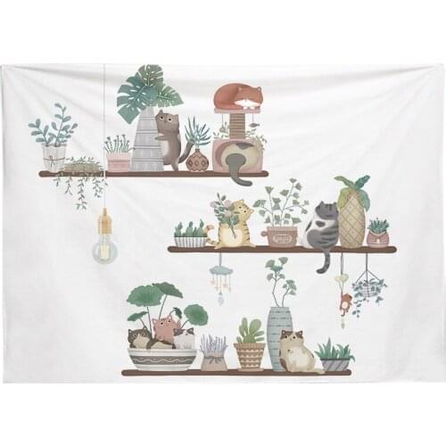 Simple Cartoon Plant Cat Painting Printed Tapestry Youth Style Dorm Room Decor Wall Hanging Tapestry Tapiz Wall Decor Tapestries