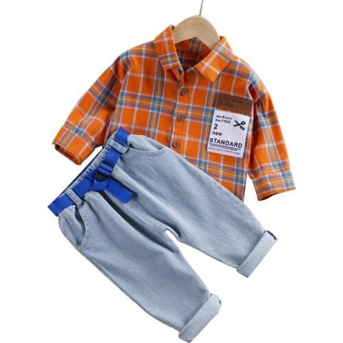 Baby boy clothes spring and autumn plaid shirt long sleeve jeans casual 2-piece suit boy suit baby boy suit childrens clothing