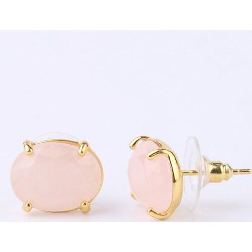 FYJS Unique Light Yellow Gold Color Oval Shape Section Rose Pink Quartz Stud Earrings Lapis Lazuli Jewelry