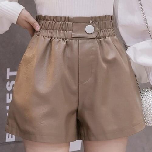 Khaki PU Leather Shorts Womens Elastic Waist Wide Leg Faux Leather Feminino Shorts For Women Autumn Casual Loose PU Short Femme