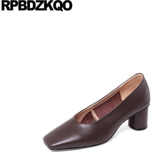 Medium heels brown beige ladies thick designer women luxury shoes high chic genuine leather square toe size 33 pumps party 2021