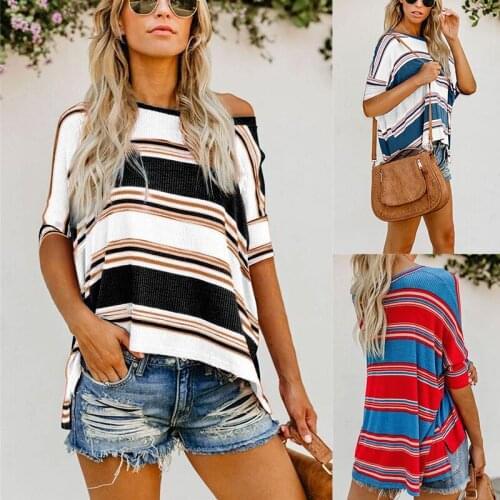 Striped high-low plus size loose vintage woman tshirts 2021 summer half sleeve oversized tops tee t shirt women c76