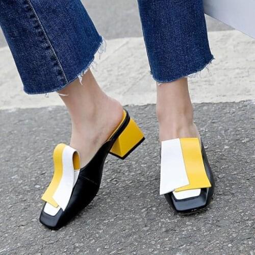 US4-11 Womens Square Toe Match Colors Slipper Slingback Chunky High Heel PU Leather Pumps Shoes Baotou Mules Plus Size C434