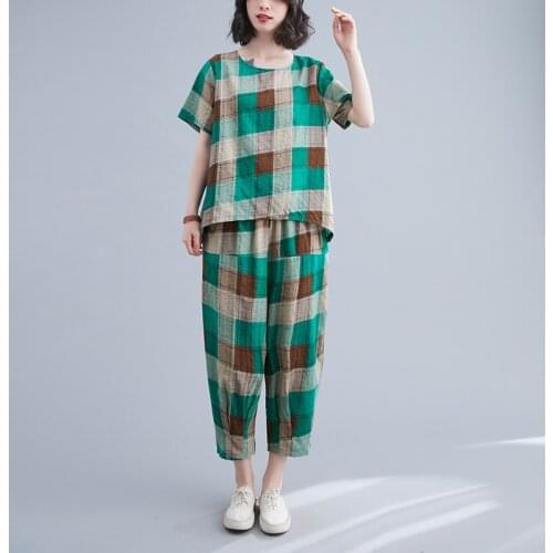 Plaid Fashion Summer Set Loose Tops Harem Pants Two Piece Women Clothes Set Thin Soft Cotton Linen Casual Set Vintage Suits