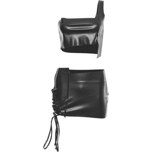 Womens Fashion Leather Two-piece Punk Clubwear Pole Dance Party One Shoulder Sleeveless Crop Top with Lace-up Side Mini Skirt