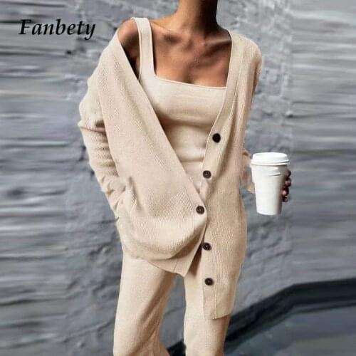 Autumn Casual Knitted Long Cardigan Women 3 Piece Set Elegant Solid Button Coats + Tank Top + Pants Suits 2021 Tracksuit Outfits