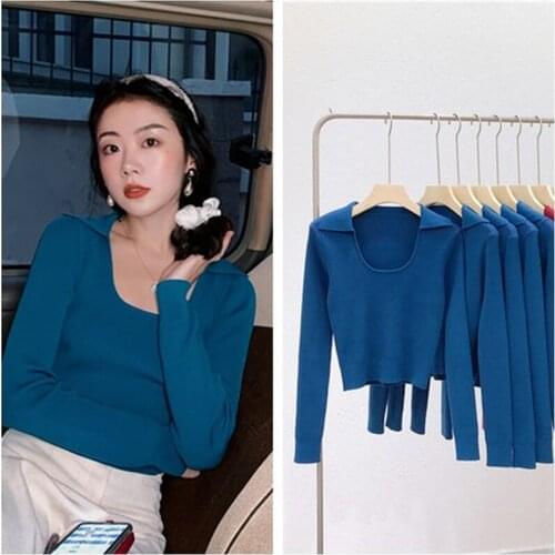 Chic U Collar Long Sleeve Fall Knit Short Pullovers Women Fashion Soft Solid Autumn Sweater Vintage Elegant Knitting Crop Tops