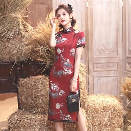 New Cheongsam Women Wine Red Robe Orientale Dresses Chinese Wedding Qipao Beaded Double Layer Elegant Knee Length Qi Pao Modern