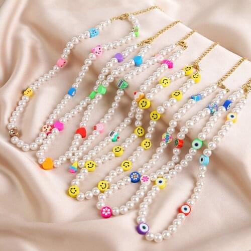 Bohemian Pearl Beaded Colored Flowers Choker Necklace Handmade Soft Ceramic Smile Face Necklaces for Girls Women