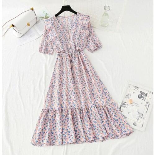 Small Fresh Floral Dress Summer Short Sleeve Elegant Ladies V-neck Chiffon Long Dress Party Vestidos 2021 Sweet Woman Clothes