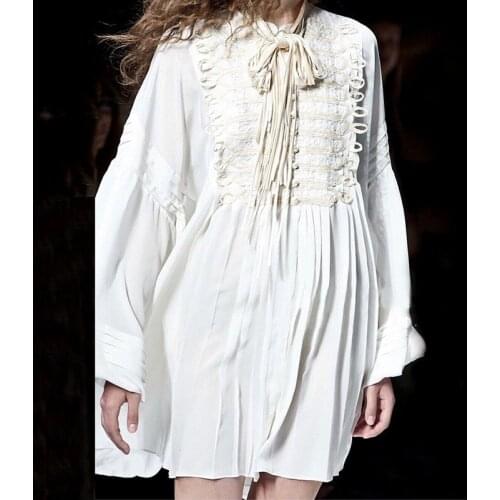 White Dress 2020 Spring Summer European Court Style Luxury Embroidery Holiday Dress Buttons Vintage Lantern Sleeves Mini Dress