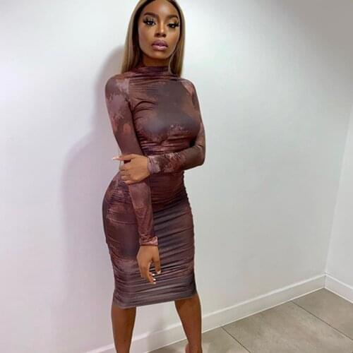 BKLD Autumn Fashion Print O-Neck Bodycon Midi Dress Woman 2020 Sexy Club Outfits Long Sleeve Ruched Slim Dress Winter Clothes