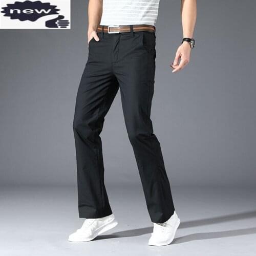 Mens Casual Summer Lightweight Slim Fit Elastic Trousers Fashion Flare Men Solid Black White Khaki Gray Suit Pants