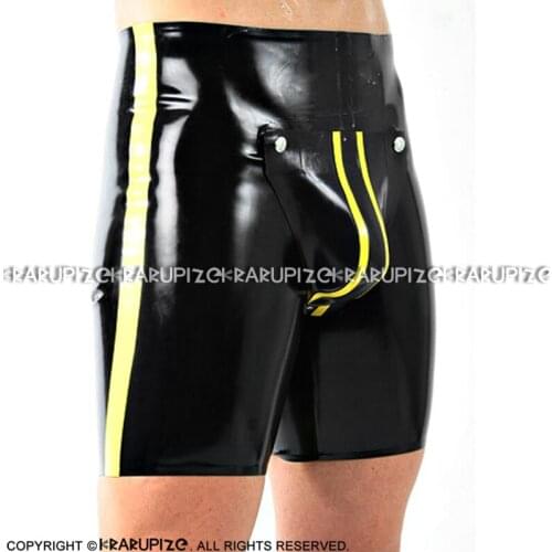 Black And Yellow Trims Sexy Latex Boxer Shorts With Pouch Buttons Rubber Boyshorts Underpants Underwear DK-0191