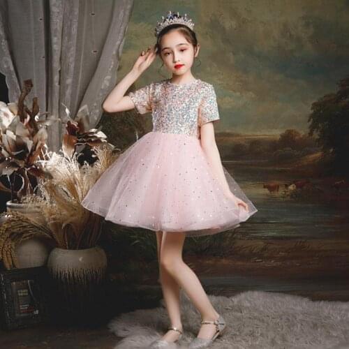 Flower Girl Pageant Prom Dresses for Girls Sequins Tutu Dress Children Tulle Ball Gown Kids Birthday Baptism Party Vestidos