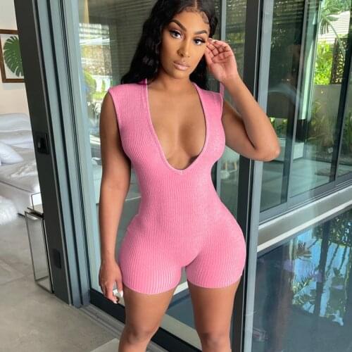 Elegant Pink Playsuits Female Rompers Tight Bodysuit Women Outfit 2021 Sexy Jumpsuit Shorts Bodycon Jump Suit Short Pants Summer