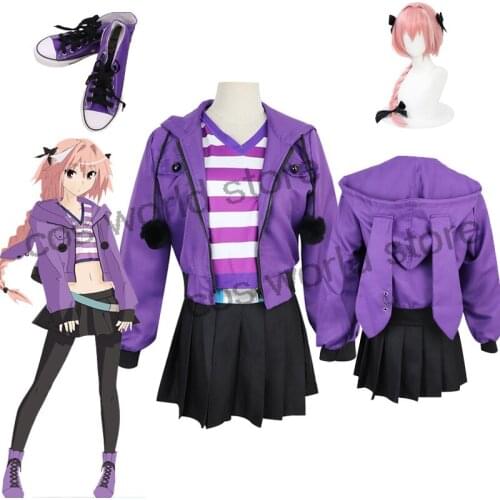 Fate Grand Order FGO Apocrypha Cosplay Costume Purple Coat Skirt Outfit FA Rider Astolfo Casual Suit Wig Shoes Cosplay Costume
