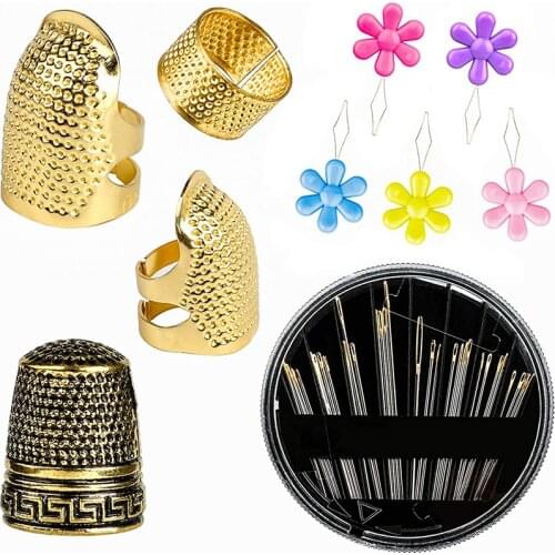 Imzay Sewing Thimble, Finger Protector Fingertip Thimble Adjustable Metal Bronze Sewing Thimble Rings and Leather Coin Thimble