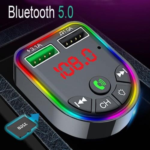 JINSERTA Car Bluetooth 5.0 FM Transmitter 7-color Atmosphere Light Car Kit MP3 Modulator Wireless Handsfree Audio Receiver