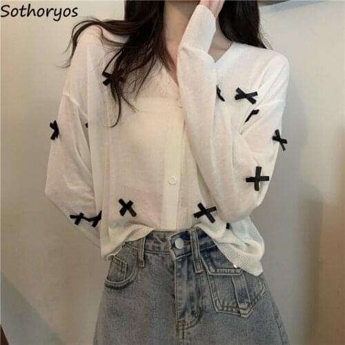 Cardigan Women White Long Sleeve Summer Thin Daily Outwear V-neck Sun-proof Bow Fashion Design Loose All-match Tops Sweet Kawaii